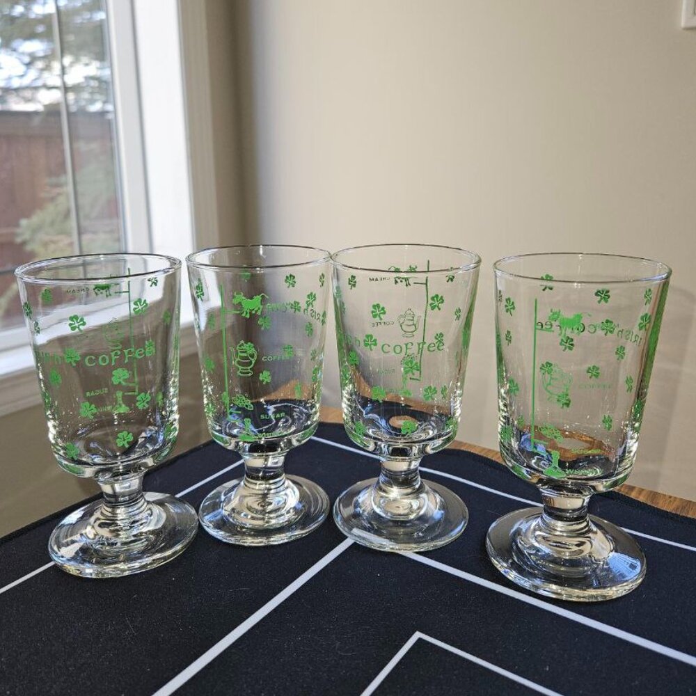 Set of 4 Vintage Libbey Irish‎ Coffee Stemmed Glasses with Green Picture Recipe